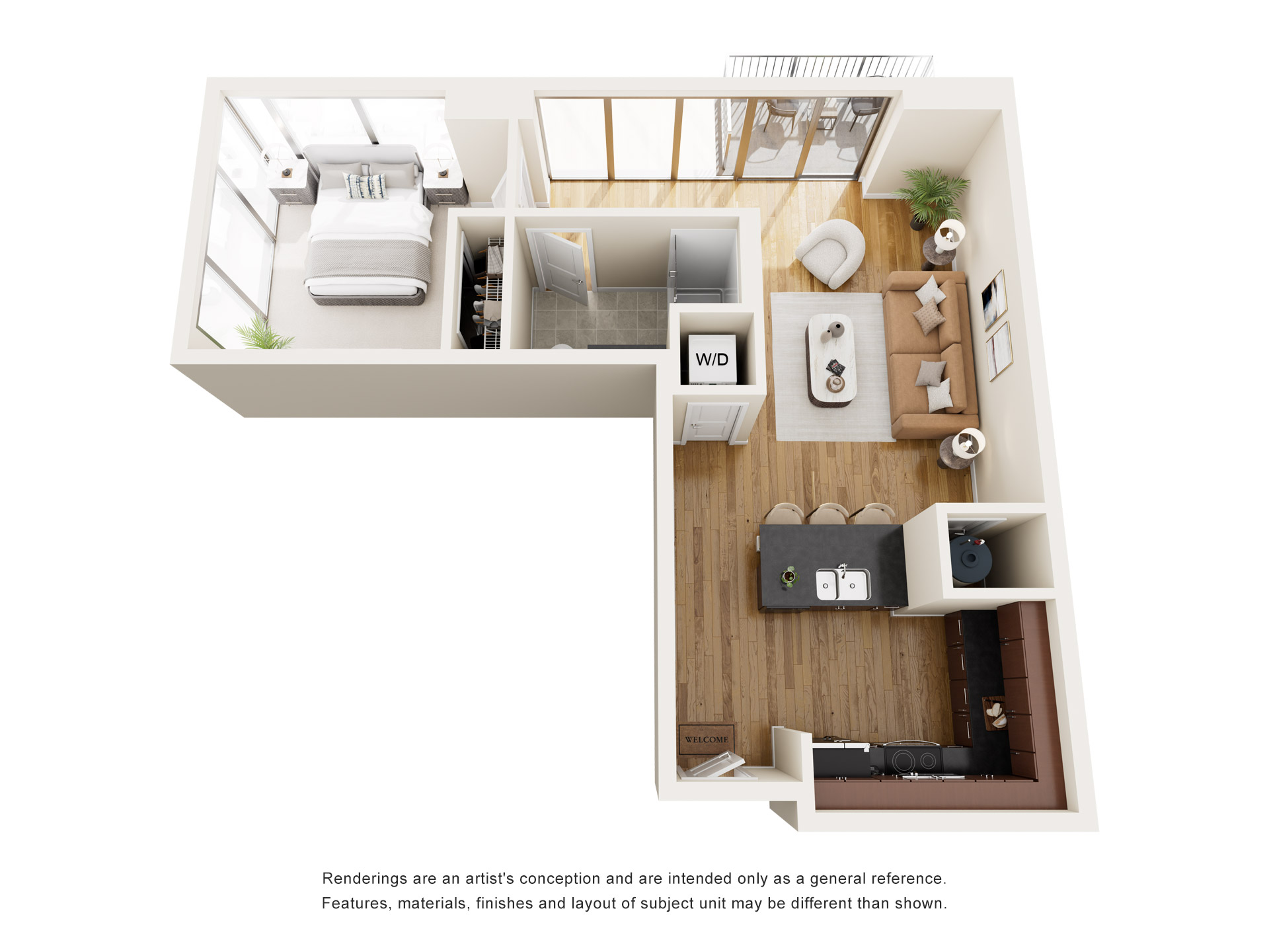 Floor plan for 1 bed, 1 bath, 756 sqft